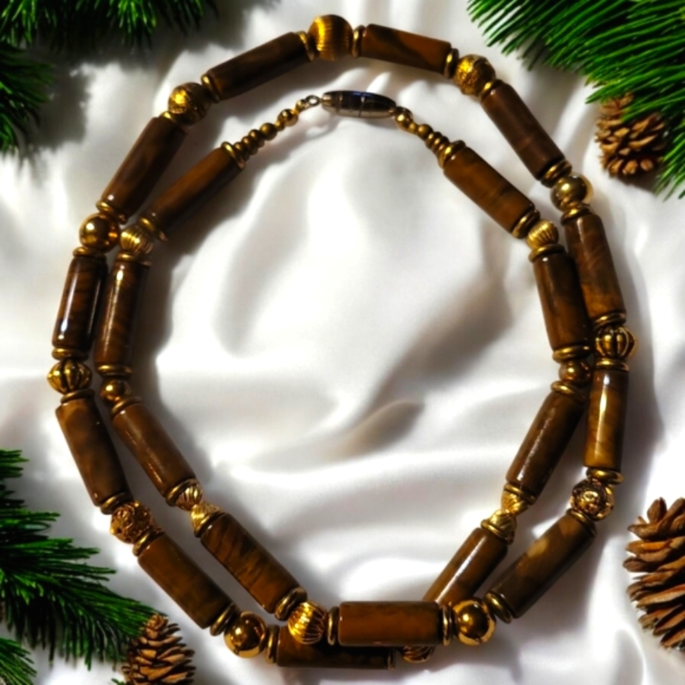 Vtg Hand Crafted 14K Gold Filled Beads Tiger's Eye Barrel Clasp Choker Necklace